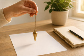 Messingpendel mit Kette von einer Hand gehalten über einem leeren Blatt