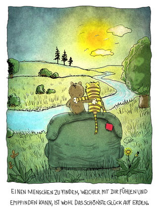 Exponat: Freundschaft - Größe: 30 x 40 cm - Art: digiART / Zeichentablett WACOM - © by Emil Pelz / 28. September 2025. Sonne, Tiger, Bär, Landschaft, Bachlauf, Bäume, Janosch, Wolken, Vögel, Sofa, Gras, Löwenzahn, Blume, Freundschaft, Natur.