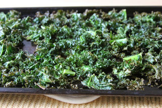 crispy kale chips fresh out of the oven!  So crunchy and delicous!