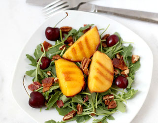 Grilled Peach, Bacon, and Arugula Salad with Pecans and Cherries