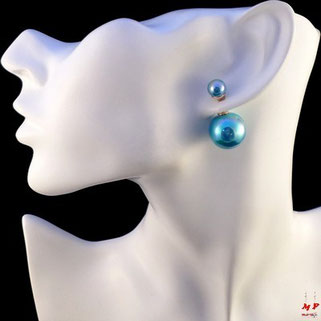 Boucles d'oreilles double perles bleues nacrées