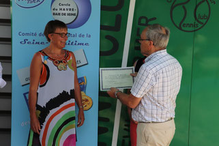 Remise du diplôme par Max COQUIN, président du comité départemental de tennis, et membre du bureau du comité départemental des médaillés de la jeunesse, des sports et de l'engagement associatif.