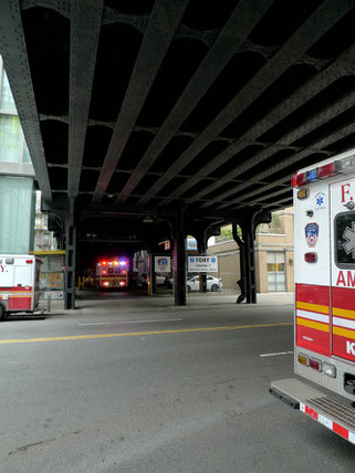 Ambulance car under the bridge