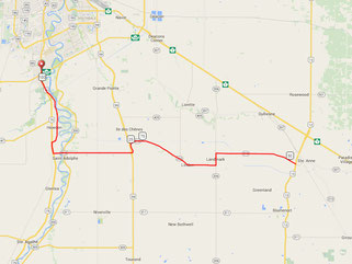 Route map for the Latke 100 Breakfast Ride. A shorter distance cycling event of the Manitoba Randonneurs.