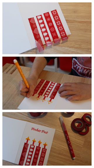 Wir basteln eine Weihnachtskarte: mit Washi Tape strahlen die Kerzen