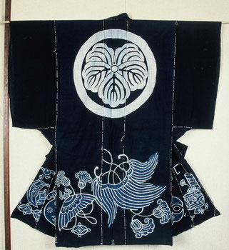 古布　筒描き　藍染　家紋源氏車 kimono-hojo_a1051-6