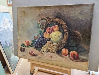 Ölbild mit einer Darstellung von Obst in einem Weidenkorb