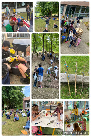 Fotomontage mit Kindern, die im Wald sind, Beete bepflanzen, Bienentränken basteln und Paletten bemalen
