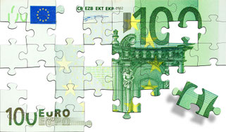 Ein 100-Euro-Schein aus verschiedenen Puzzlesteinen zusammengesetzt