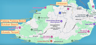 Bild: Karte Tour 4 auf Bali - Von Jimbaran zum Tempel Pura Luhur Uluwatu und den Stränden Suluban Beach und Padang Padang Beach.