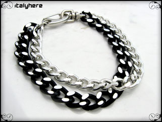 Bracciale doppia catena in maglia gourmet, nera diamantata e argento laminata, chiusura con moschettone - Italyhere