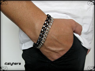 Bracciale doppia catena in maglia gourmet, nera diamantata e argento laminata, chiusura con moschettone - Italyhere