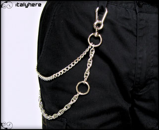 Catena per pantaloni e jeans, doppia catena in maglia cordina e maglia gourmette, colore argento, con anello cromato - 63 cm -  IItalyhere