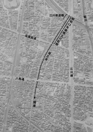 昭和30年撮影の航空写真に加筆。八熊通まで埋め立てが進んだ