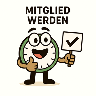 Uhrli, das ZeitTausch-Maskottchen, zeigt mit einem Daumen nach oben und hält ein Schild mit einem Häkchen.