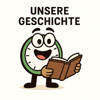 Uhrli, das ZeitTausch-Maskottchen, liest lächelnd in einem Buch mit dem Titel „Unsere Geschichte“.
