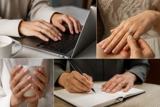Verschiedene Alltagssituationen mit gepflegten Frauenhänden und natürlich glänzenden Nägeln nach einer japanischen Maniküre: beim Arbeiten am Laptop, beim Anstecken eines Rings, beim Schreiben und im Alltag unterwegs.