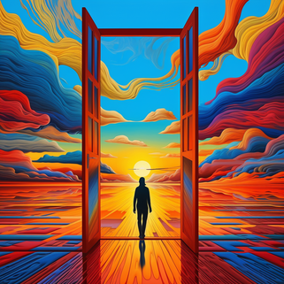 Eine wunderschöne Illustration eines Mannes, der aus einer Tür in einen wunderschönen Sonnenuntergang geht, im Stil des Op-Art-Malers, farbenfrohe Wolken, beruhigende Symmetrie, hyperfarbene Traumlandschaften, dargestellte gefangene Emotionen
