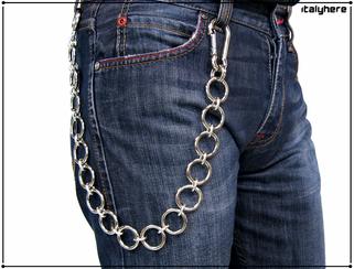 Catena per pantaloni e jeans, completamente assemblata a mano con anelli spessi + anelli ovali, colore argento, moschettoni lusso in metallo cromato, lunga cm.55 - Italyhere
