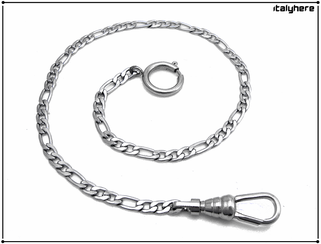 Catena per orologio da tasca in maglia figaro colore argento larga mm.4,5, attacco con moschettone, in acciaio inox - Italyhere