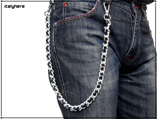 Catena per pantaloni e jeans, in maglia gourmette spessa colore argento intrecciata con vero cuoio nero, lunga cm.65 - Italyhere