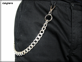 Catena porta chiavi per pantaloni e jeans, in maglia gourmette sfaccettata colore argento, anello portachiavi e moschettoni in metallo cromato, cm.55 - Italyhere