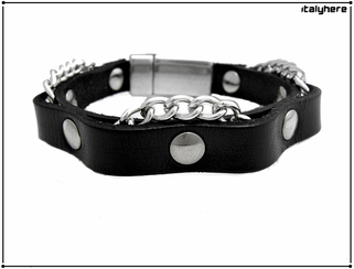 Bracciale in cuoio nero con rivetti e catena intrecciata colore argento - Italyhere