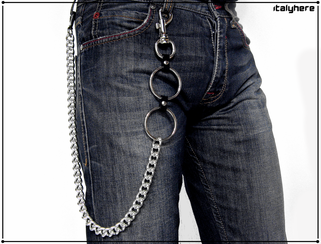 Catena per pantaloni e jeans, doppio anello con cuoio, catena spessa, colore argento - 75 cm
