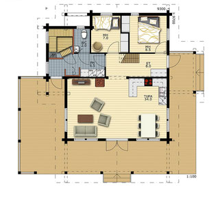 Ebenerdiges Blockhaus für Singles oder Paare - Grundriss - frei geplante Blockhäuser - Typenhäuser - Barrierefreiheit - Singlehaus - Kleines Wohnhaus