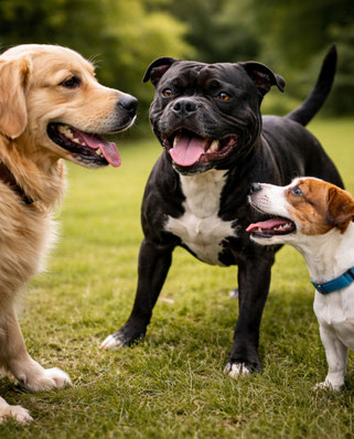 Staffordshire bull terrier con gli altri cani 