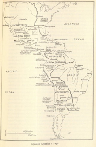 Abb. 1: Politische Karte Amerikas um das Jahr 1790, Brading, David. Bourbon Spain and its American Empire. Cambridge 1987, S. 121.*