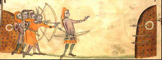 Entraînement d'archers.Geoffrey luttrell psalter 1325 longbowmen.Wikimedia