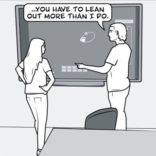 A comic panel of two students who stand in front of an interactive white board and discuss the physics of orbital movement.