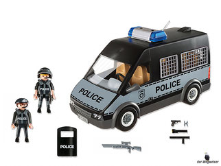 Im Paket Playmobil 6043 ist enthalten ein Polizei-Mannschaftswagen, 2 Polizisten, ein Gewehr, ein Schutzschild, ein Helm, ein Visier, ein Barett,  2 Pistolen, ein Schlagstock und eine Taschenlampe.