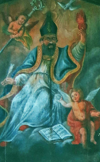 Morsiglia - 1751 - Augustin en évêque et ses attributs : coeur enflammé, plume à la main, livre et rappel de l'épisode de l'enfant qui voulait vider la mer -Cl. M.-E. Nigaglioni in Corsica sacra
