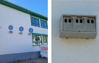An der Ost-Fassade des weißen Schulgebäudes (D) 3 Stück HOLZBETON Vogel-Nistkästen, 3-teilig, Sperling-Quartier