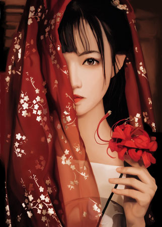 Ilustración Arte Oriental - Dama del velo rojo