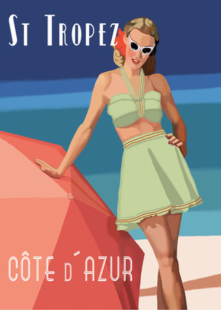 Ilustración de cartel de viajes vintage - "St Tropez Cote d´Azur" - DECAPÉ arte digital