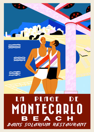 Ilustración de cartel de viajes vintage - "La Plage de Montecarlo Beach" - DECAPÉ arte digital