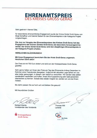 Urkunde Ehrenamtpreis