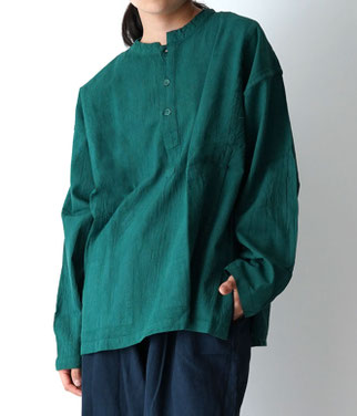 ことり】ヂェン先生の日常着、開襟シャツ、薄手、Mサイズ、孔雀緑