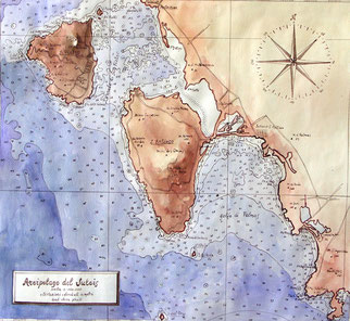 Carta nautica Arcipelago del Sulcis-acquerello su carta cm. 40 x 50