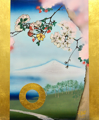 "Sakura- Tribute to Hiroshige Utagawa"   45.5×38. cm  Oil Painting, Gold foil.  Framed.  
