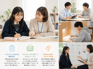 ひとりひとりに合わせた個別対応、わかるところまで戻って自分のペースで、卒業後の進路に合わせた準備