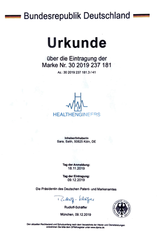 Deutsches Marken- und Patentamt zu Salih Sara und Healthengineers mit Marke Nr. 30 2019 237 181.3 / 41