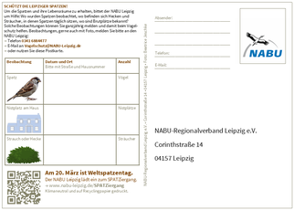 Auch mit einer Postkarte kann man Beobachtungen an den NABU Leipzig melden. Die Postkarten liegen an verschiedenen Stellen im Stadtgebiet aus.