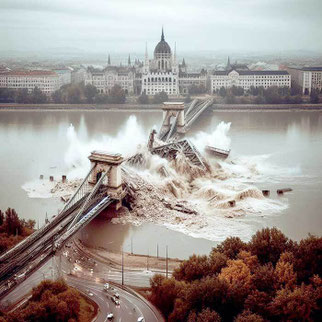 Eine Brücke wird in die Luft gesprengt. Trümmer landen im Wasser. 