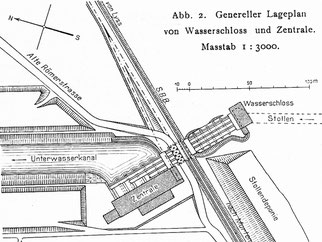 Lageplan Stollen, Wasserschloss und Zentrale Kallnach. Reproduktion aus Schweizerische Bauzeitung, 28. 8. 1909, S. 127.