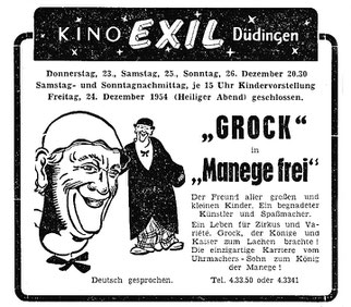 Kinoinserat von Grocks Film Manege Frei. Reproduktion aus Freiburger Nachrichten vom 22. Dezember 1954.