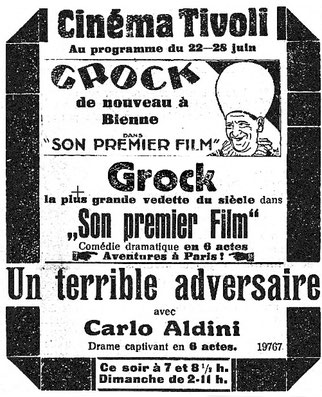 Kinoinserat von Grocks erstem Film im Journal du Jura vom 22. Juni 1927.